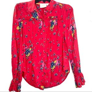 🌸 Maeve Anthropologie Red Floral Bird Print Shirt